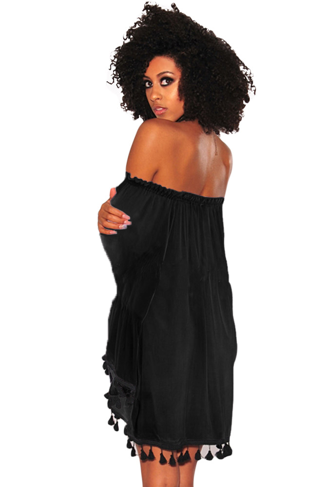 BY220318-2 Black Off Shoulder Black Tassel Trim Dress